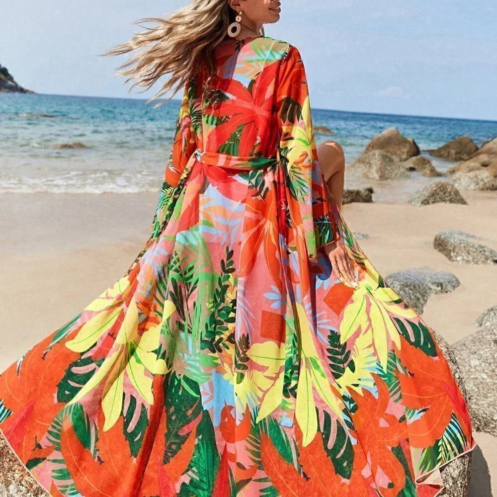 Multicolor Boho Womens Swim Vcay Tropical Print Belted Kimono - Picture 4 of 5